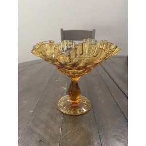 Vintage Fenton Thumbprint Footed Large Compote Ruffled Edge Amber‎ 7.25"